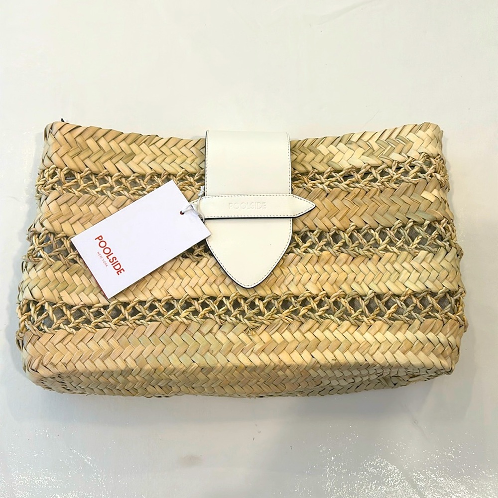 Poolside Natural Woven Straw Clutch with White Leather Trim